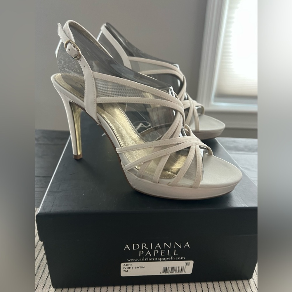 Adrianna Papell Ivory Satin Strappy Heels: Adri style